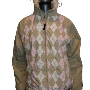 355. Roxy 5000 Snow Argyle Pink & Tan Jacket - M